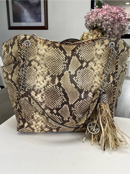 Michael Kors Handbags - Michael Kors Brown and Cream Snake-Print Tassel Tote